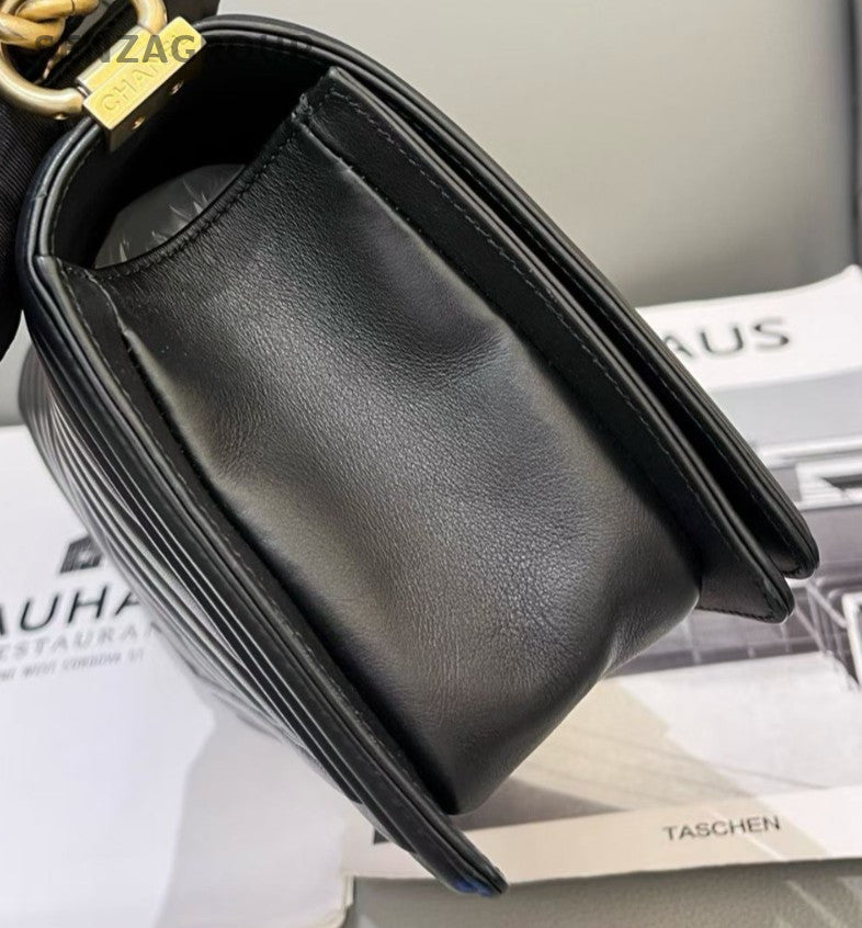 Chanel Leboy MM Calfskin Chain Shoulder Bag Crossbody Gold Black Women Classic
