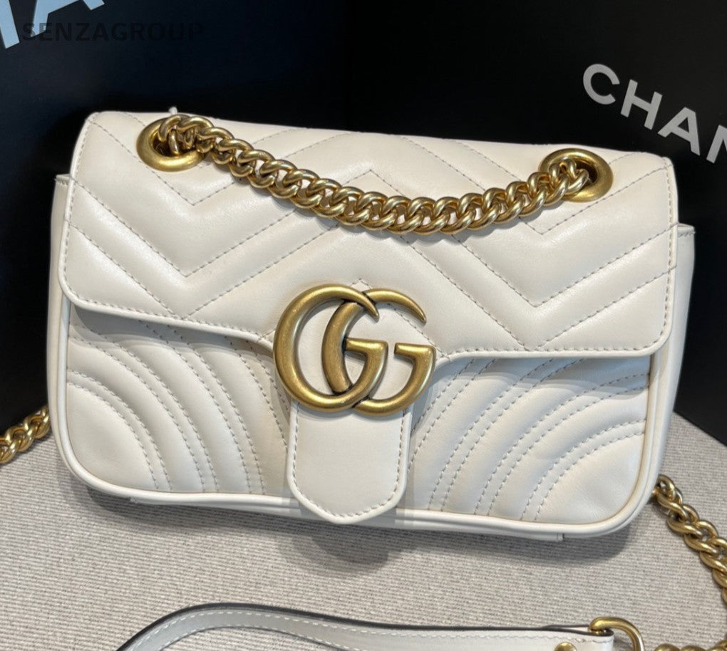 Gucci Marmont PM Chain Shoulder Bag Crossbody White Gold Women Classic