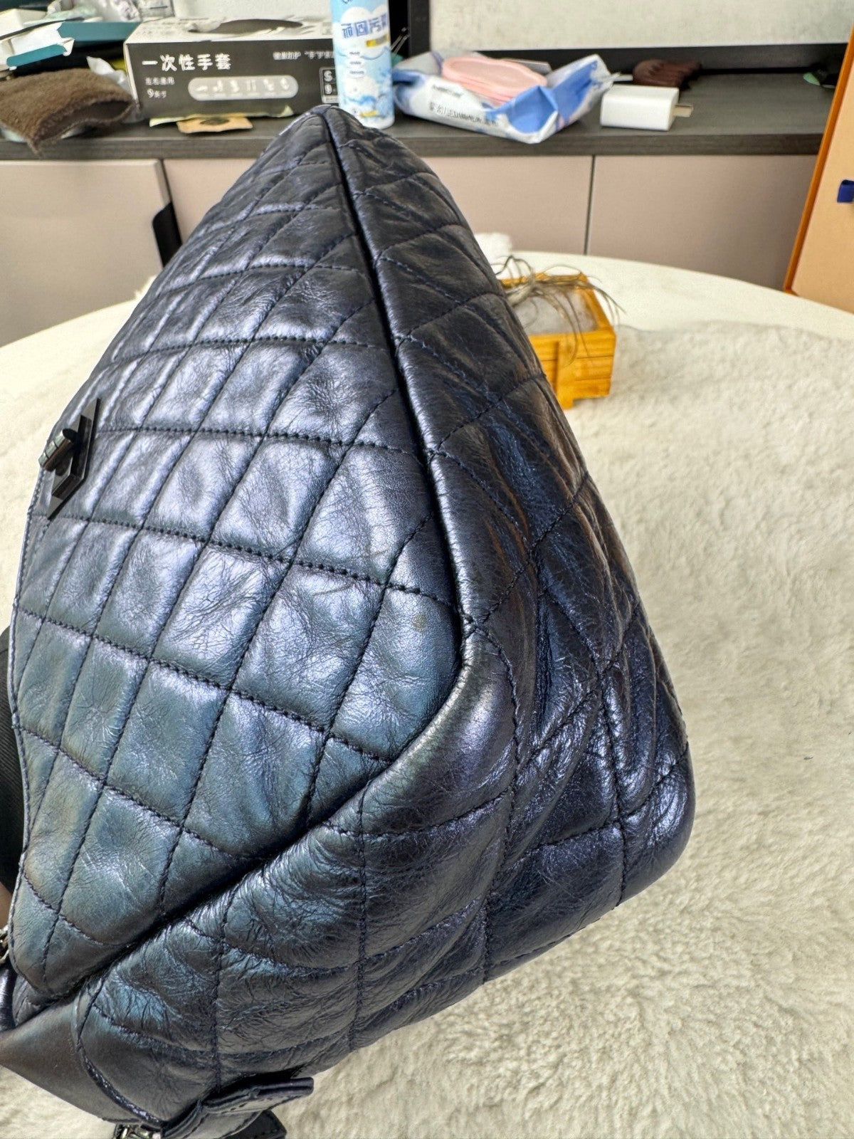 CHANEL 2.55 Camera bag Oil waxed leather Chain Shoulder bag Blue