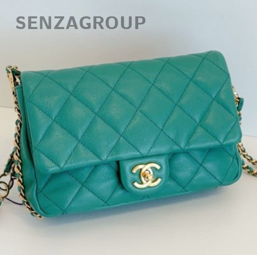 Chanel Classic Flap Mini Chain Shoulder Bag Crossbody Green Gold Women