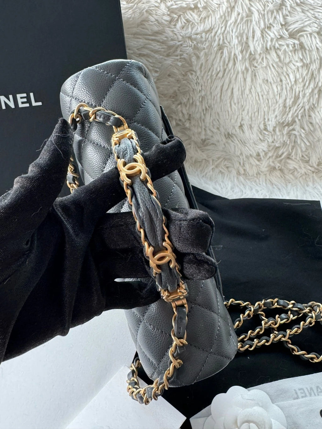 Chanel CF Handle Small Gray Leather Top Handle Handbag For Women