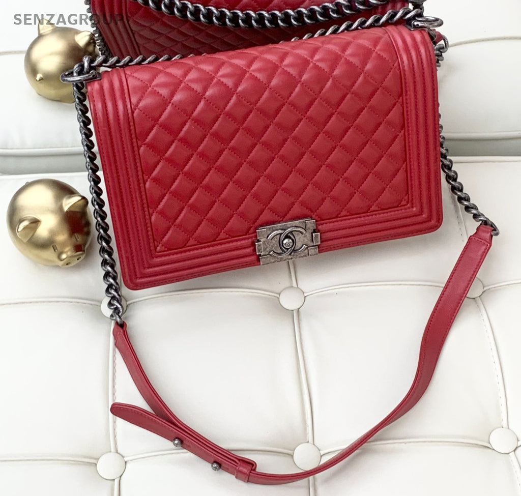 CHANEL Leboy GM Calfskin Chain Shoulder bag Red Silver Women Classic
