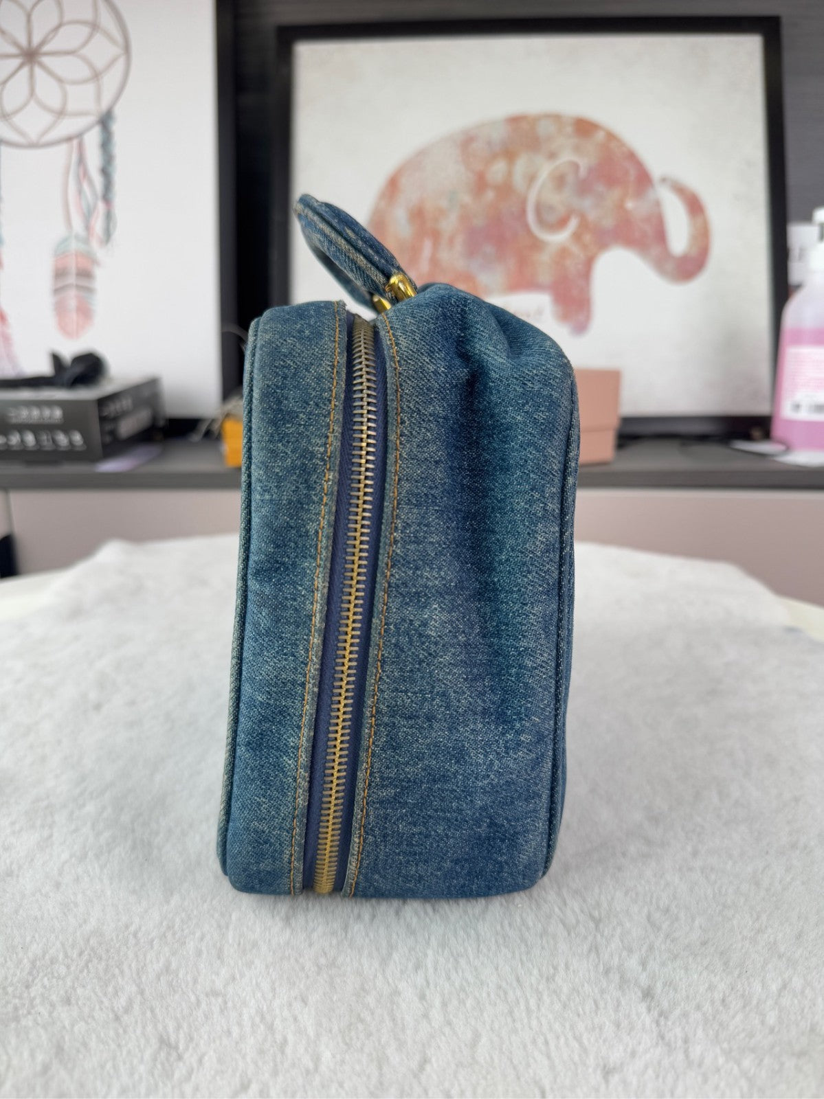 CHANEL Top Handle Make up case Denim Handbag Blue