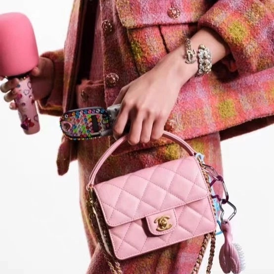 Chanel Classic Flap Chain Top Handle Crossbody Pink Gold Women Fashion Diamond