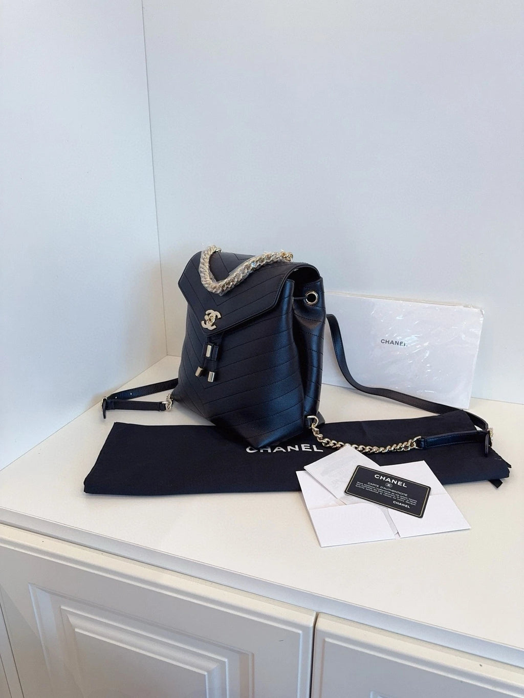 CHANEL Black Gold Calfskin V Pattern Backpack For Women