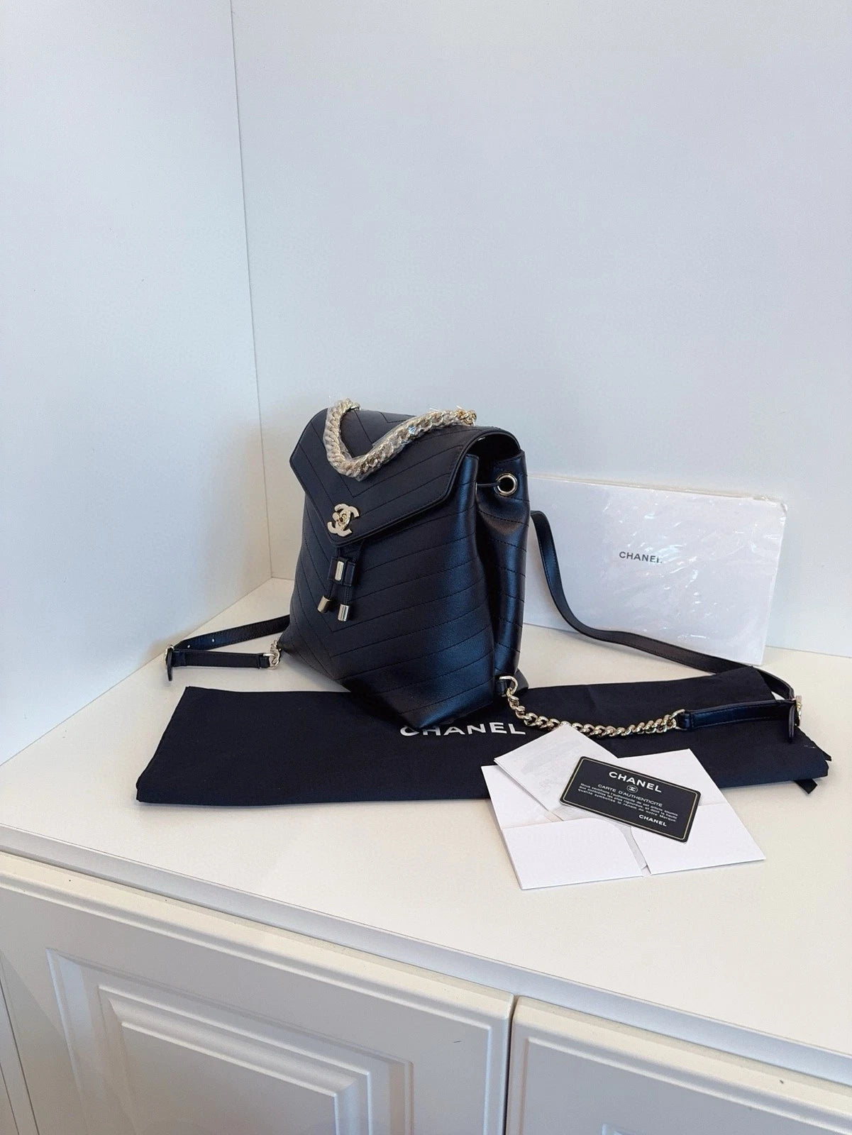 CHANEL Black Gold Calfskin V Pattern Backpack For Women