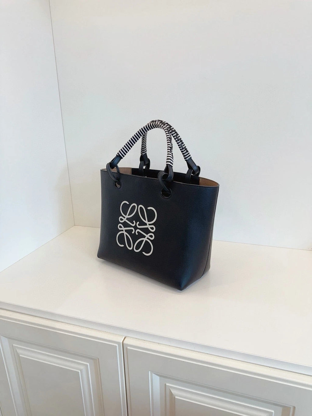 Loewe Anagram Tote Bag Full Leather Black White Panda Woven Handle Shoulder Bag
