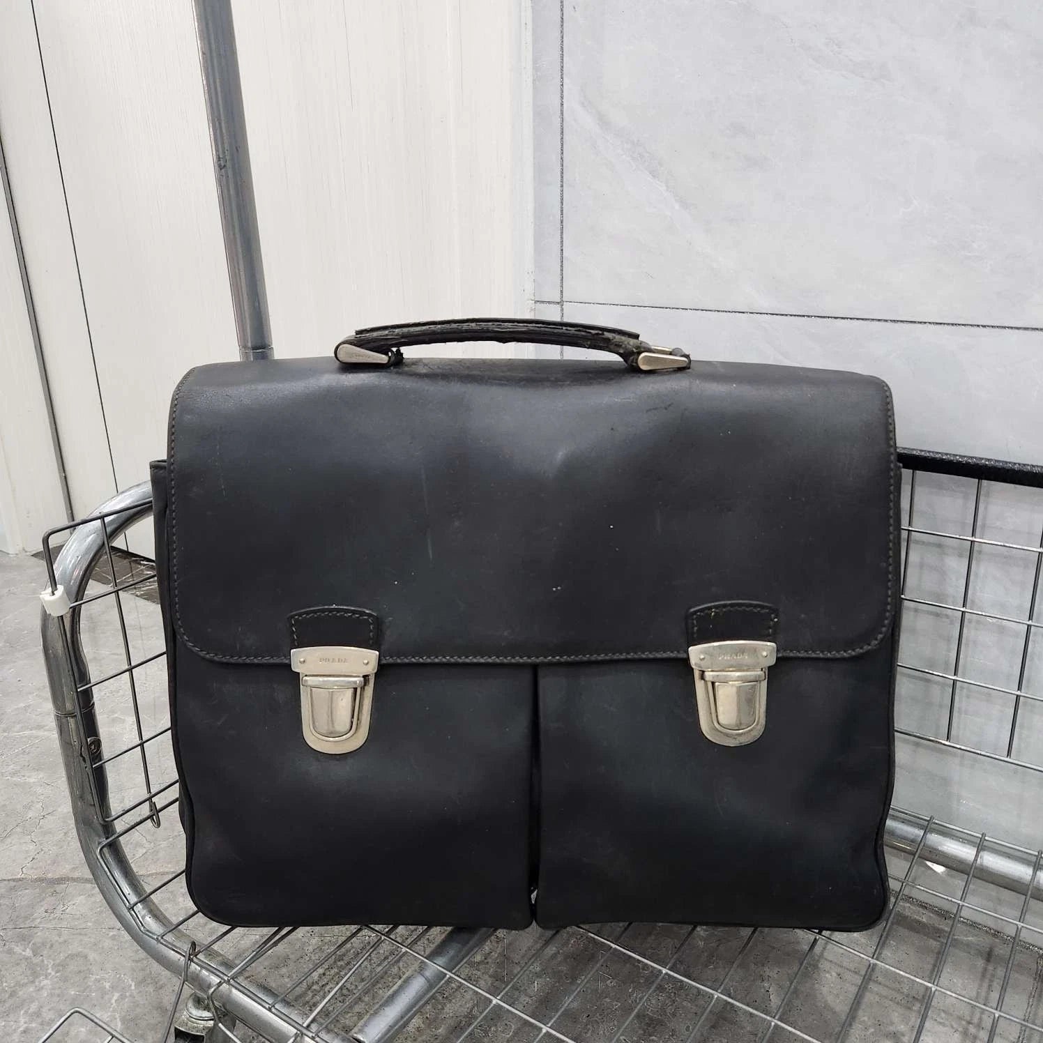 Prada Black Silver Flap Handbag Laptop Briefcase For Women