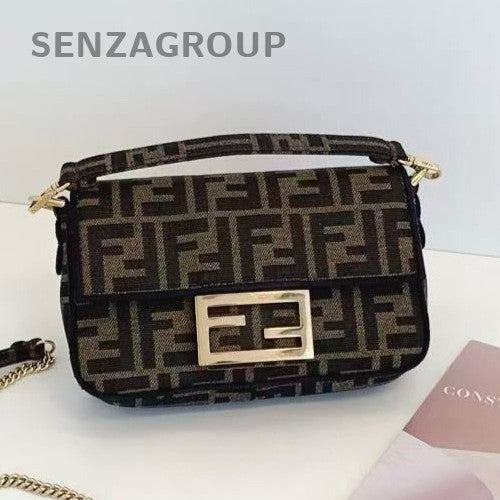 Fendi Baguette Mini Top Handle Bag Chain Crossbody Brown Gold Women Classic