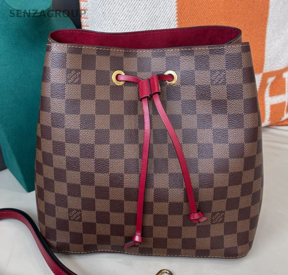 Louis Vuitton Damier Bucket MM Shoulder Bag Brown Red Gold Women Classic