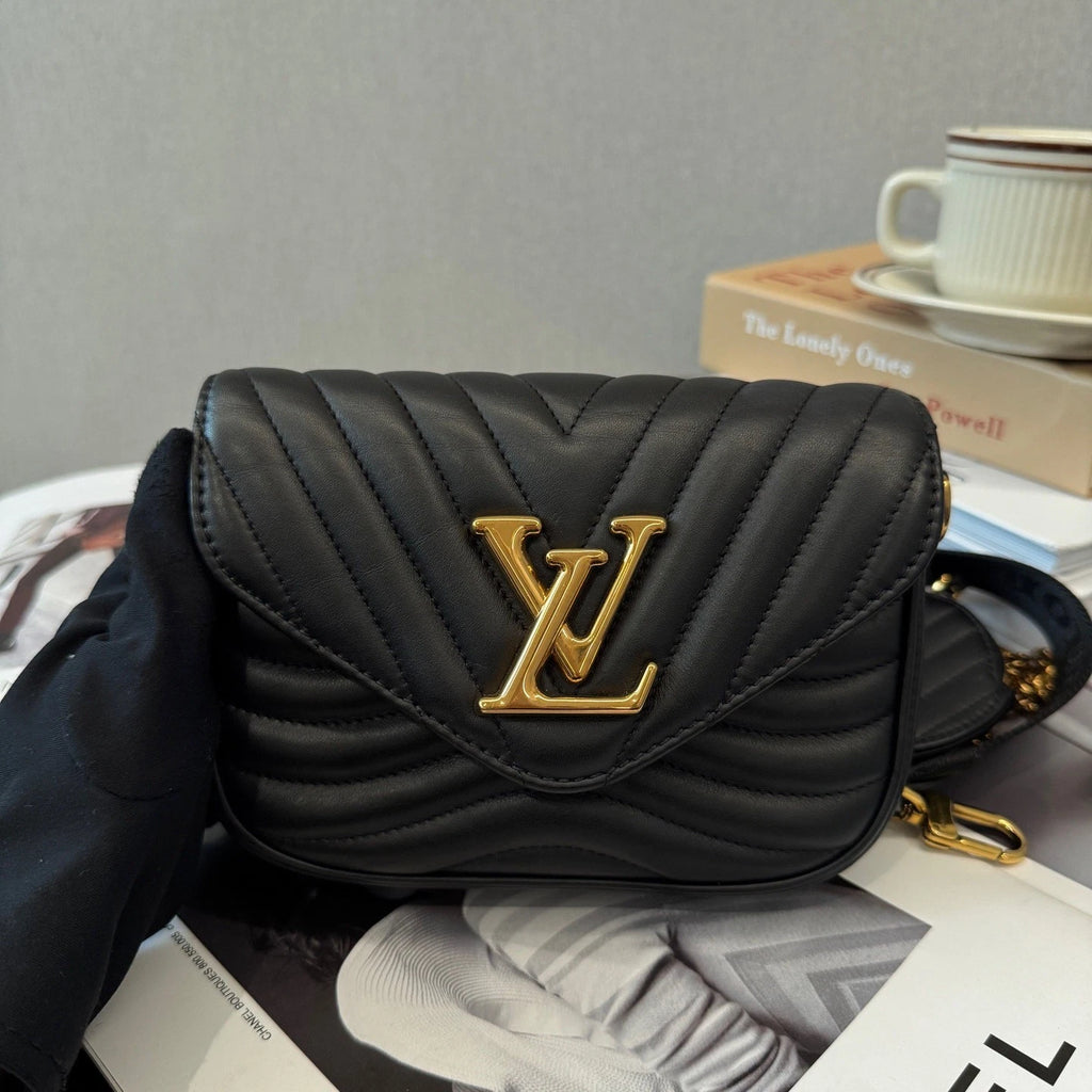 Chip Version Louis Vuitton New Wave 2Way Black Shoulder Bag Crossbody Gold HW
