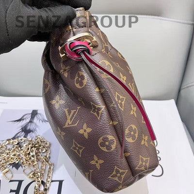 Louis Vuitton Monogram Bucket Bag Brown Red Gold Buckle Women Fashion