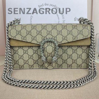 Gucci Dionysus Small Suede GG Supreme Brown Silver Chain Shoulder Bag Women