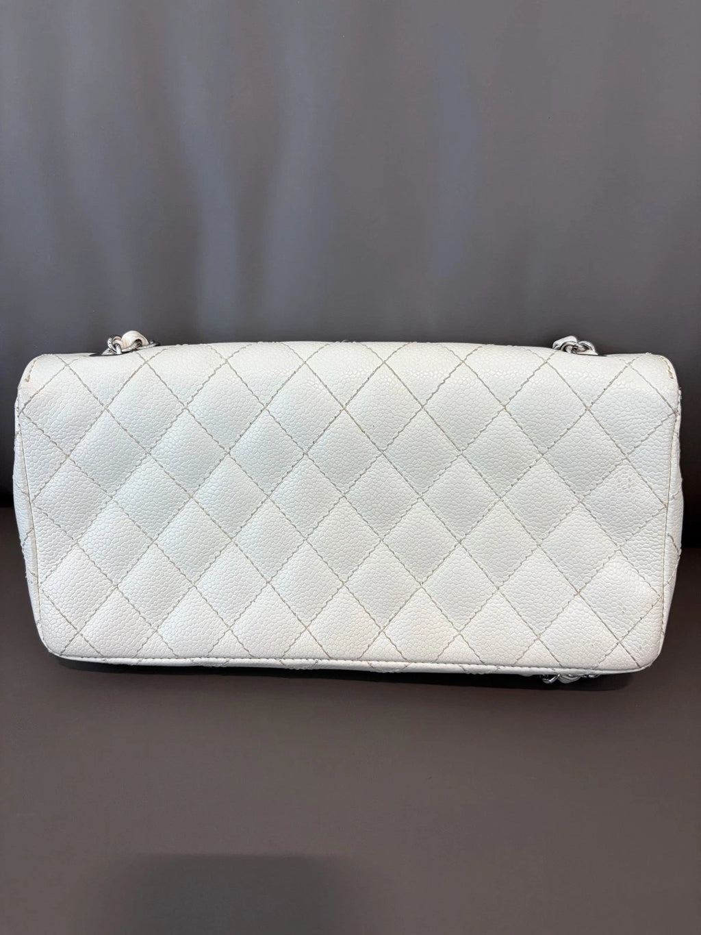 Authentic Chanel Classic Flap Silver Chain White Shoulder Bag Diamond Turnlock