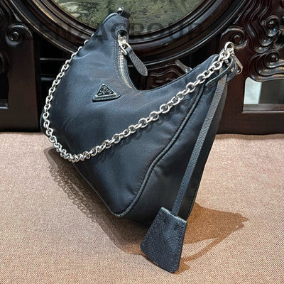 Prada Black Silver Hobo Chain Shoulder Crossbody Bag Women Classic
