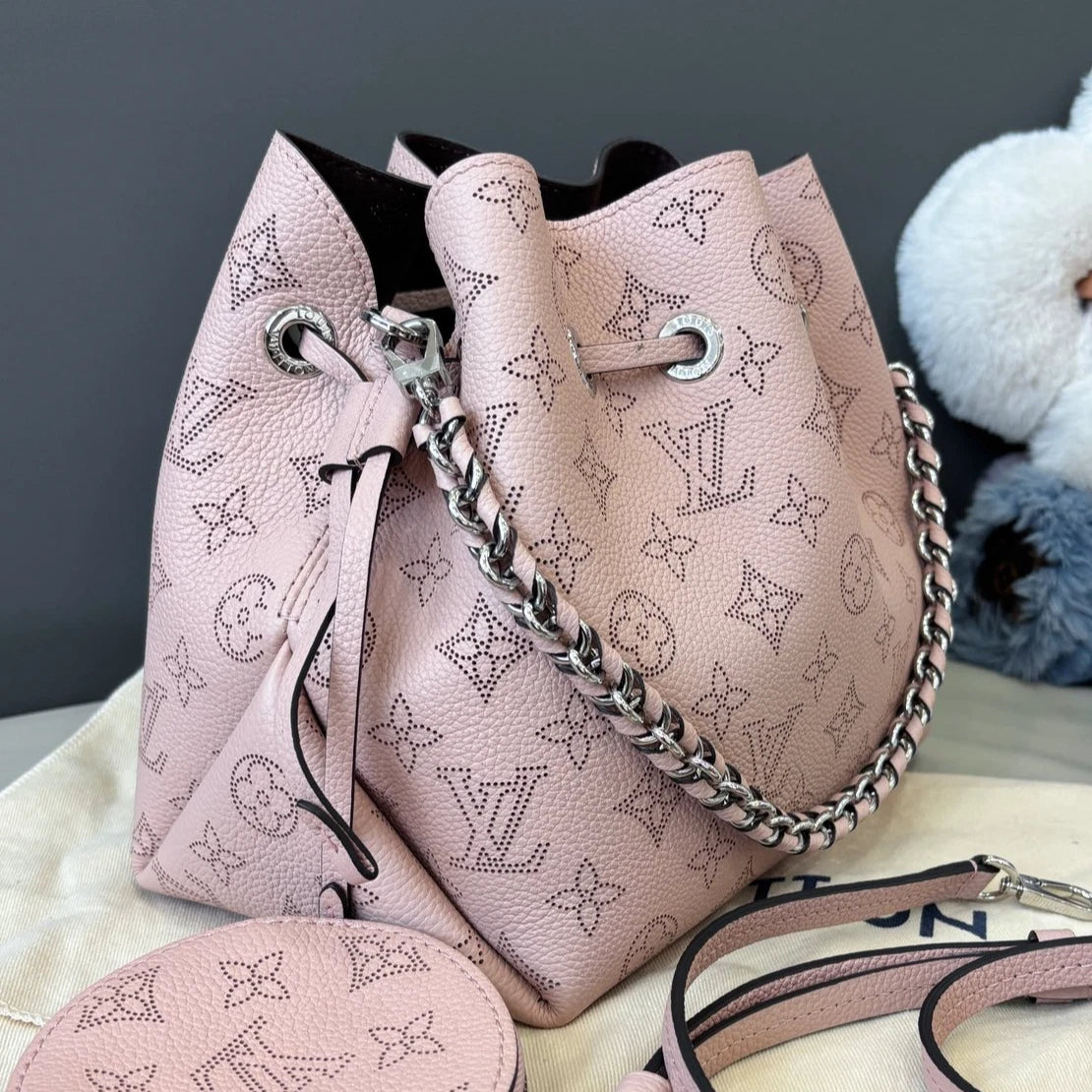 Louis Vuitton Bella Monogram Bucket Chain Shoulder Crossbody Pink Silver