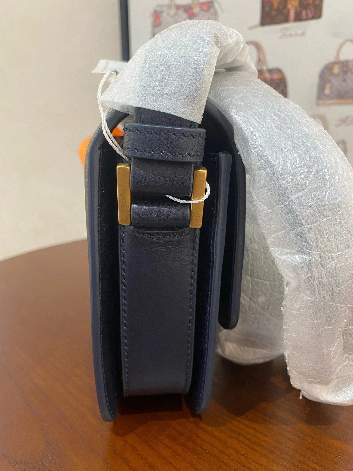 YSL Navy Blue Leather Gold Logo Shoulder Crossbody Bag For Women
