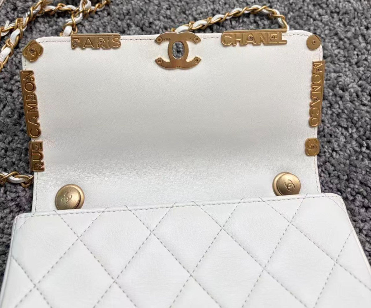 Chanel Chain 2Way Shoulder Bag Crossbody White Gold Diamond Women Classic