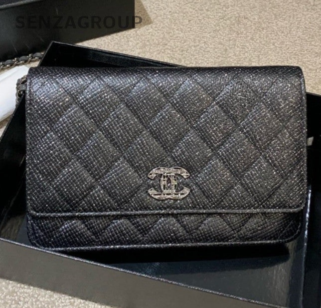 Chanel Diamond WOC Chain Calfskin Crossbody Black Silver Women Classic Fashion
