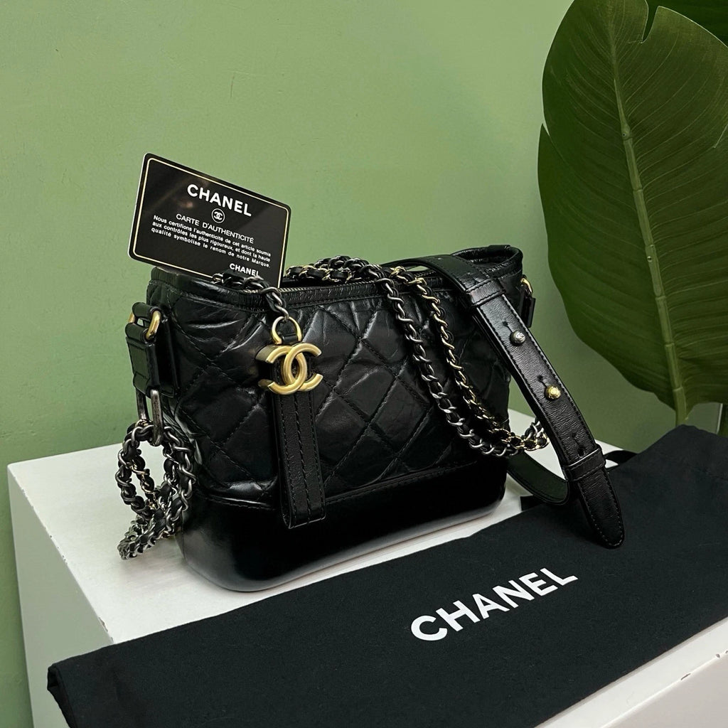 Chanel Gabrielle PM Black Gold Chain Crossbody Shoulder Bag Diamond Women
