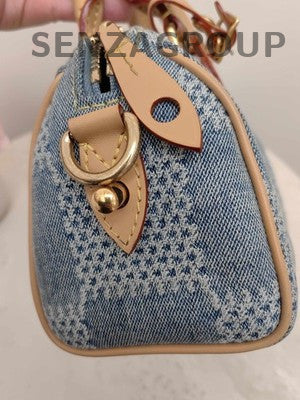 Louis Vuitton Damier Nano Speedy 18 Denim Blue Gold Women's Handbag