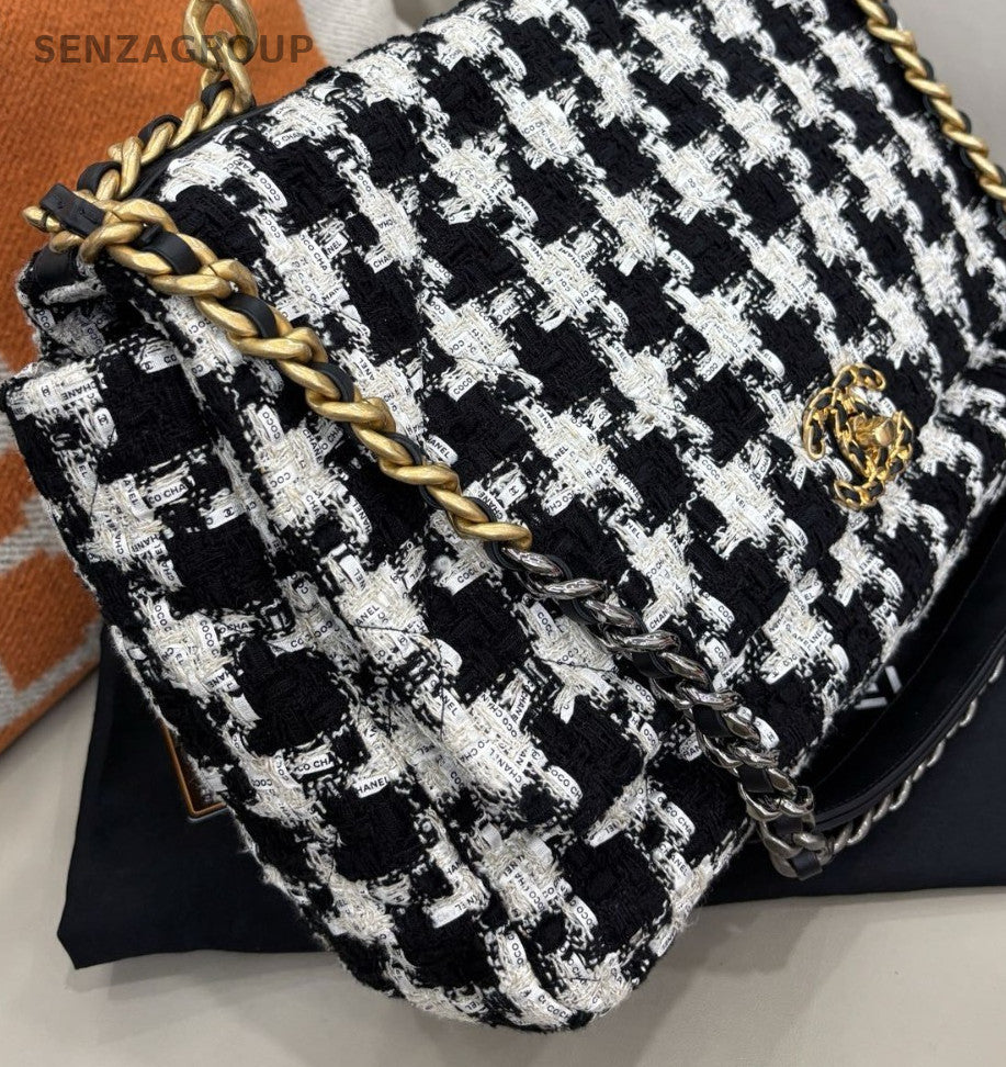 Chanel 19Bag Maxi Chain Shoulder Bag Black White Gold Used Women Classic