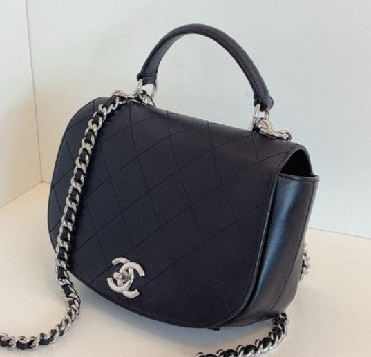 Chanel Diamond Calfskin 2Way Top Handle Chain Crossbody Black Silver Women