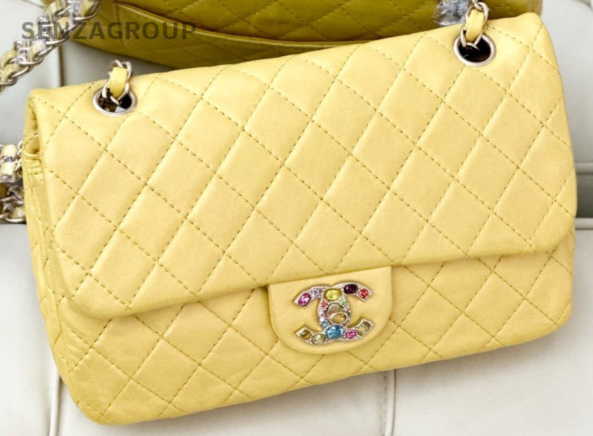 Chanel Classic Flap Lambskin Chain Shoulder Bag Yellow Used Women Designer