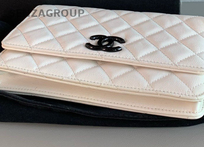 Chanel 21C WOC Calfskin Leather Diamond Pattern Chain Shoulder Bag Black White