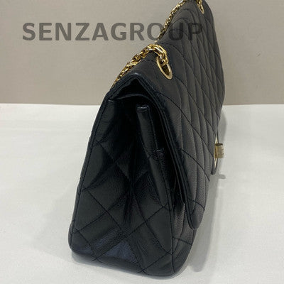 Chanel Large Caviar Leather Chain Shoulder Bag Black Gold Classic Quilted