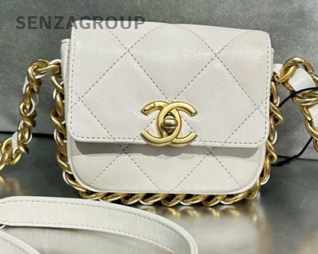 Chanel Classic Flap Lambskin Mini Chain Shoulder Bag Crossbody White Gold Women