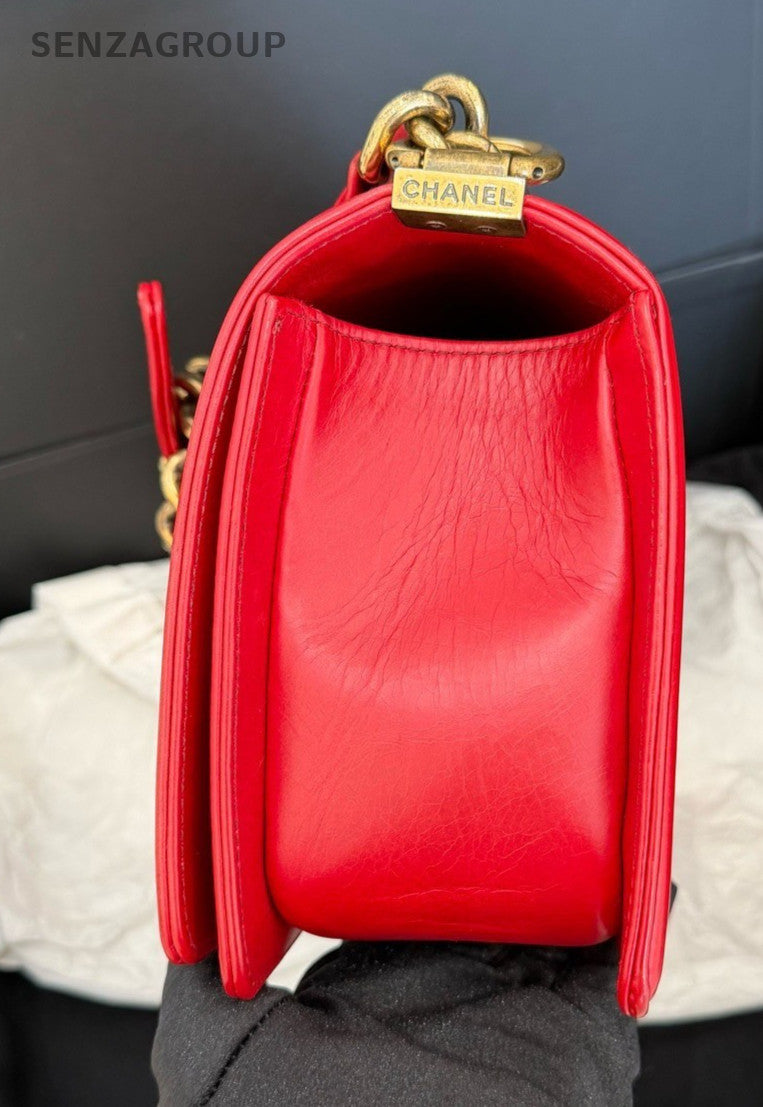 CHANEL Leboy Calfskin Diamond Pattern Chain Shoulder bag Red Gold Women