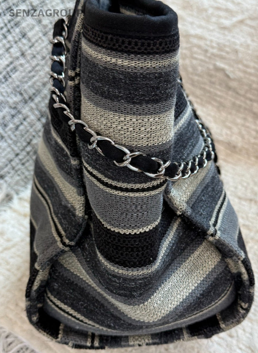 Chanel Tote Striped Bag Chain Shoulder Bag Black Silver Used Women Classic
