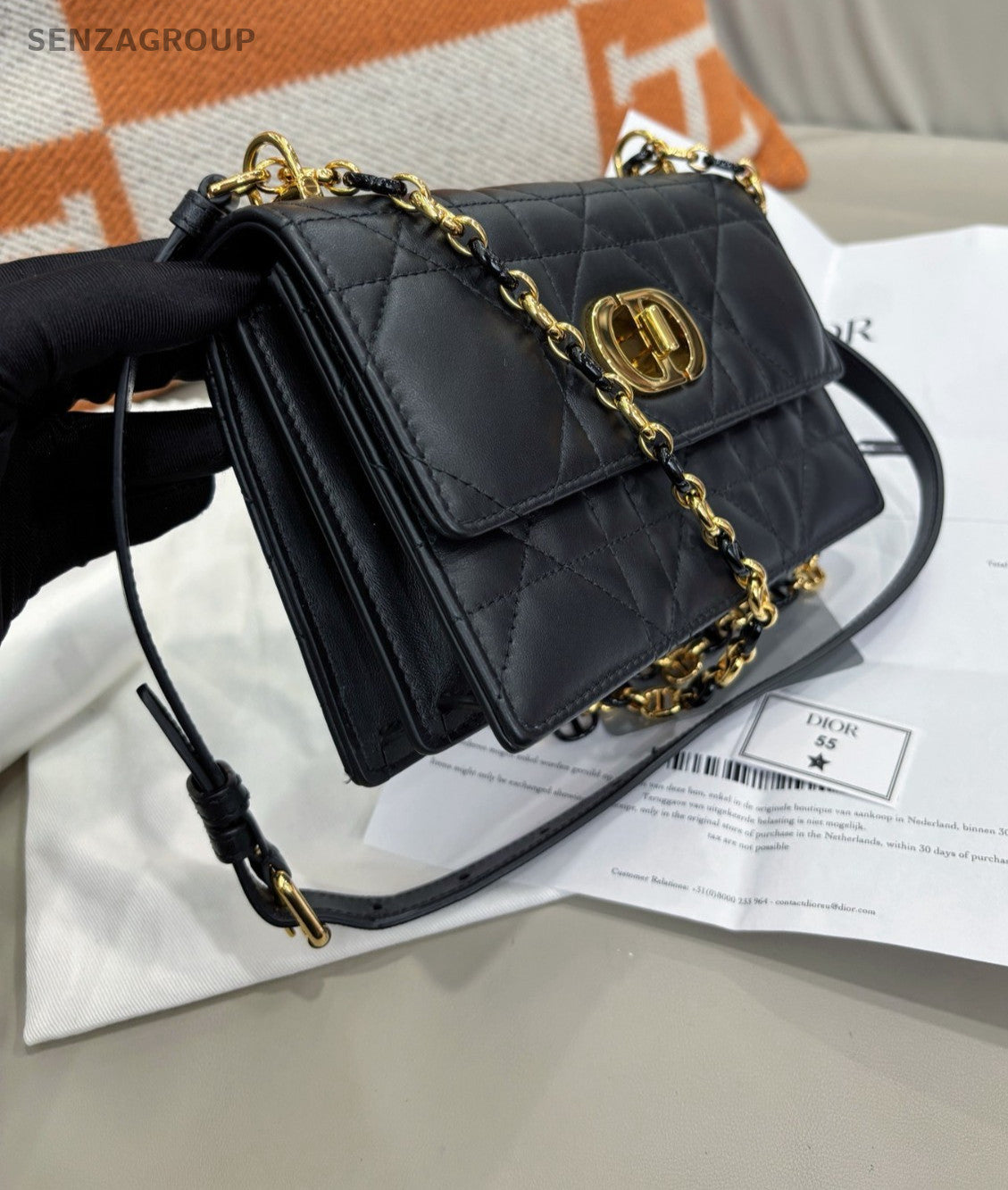 Christian Dior Caro Classic Logo Chain SHoulder bag Crossbody Black Gold Women