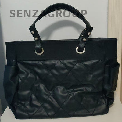 Chanel Classic Black Silver Quilted Tote Beach Shoulder Bag Women