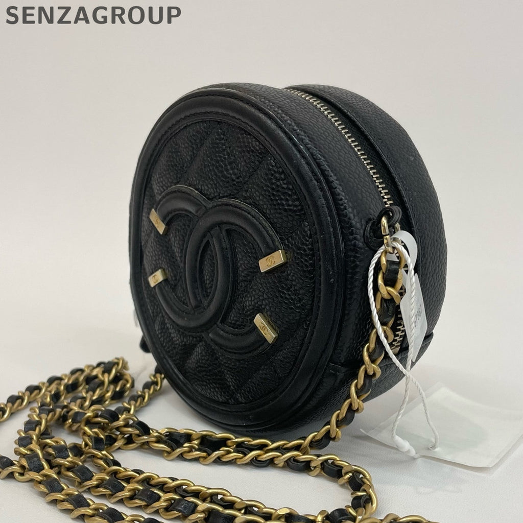 Chanel Black Caviar Leather Double C Round Bag Chain Shoulder Crossbody