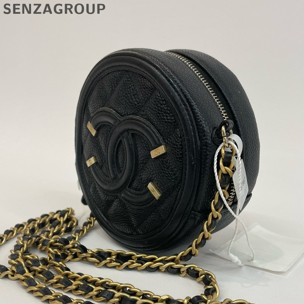 Chanel Black Caviar Leather Double C Round Bag Chain Shoulder Crossbody
