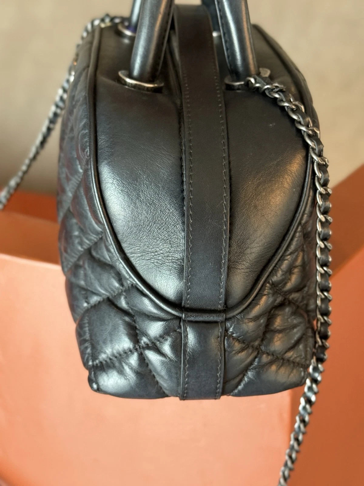 Authentic Chanel Bowling MINI Oil Wax Top Handle Shoulder Bag Black SHD