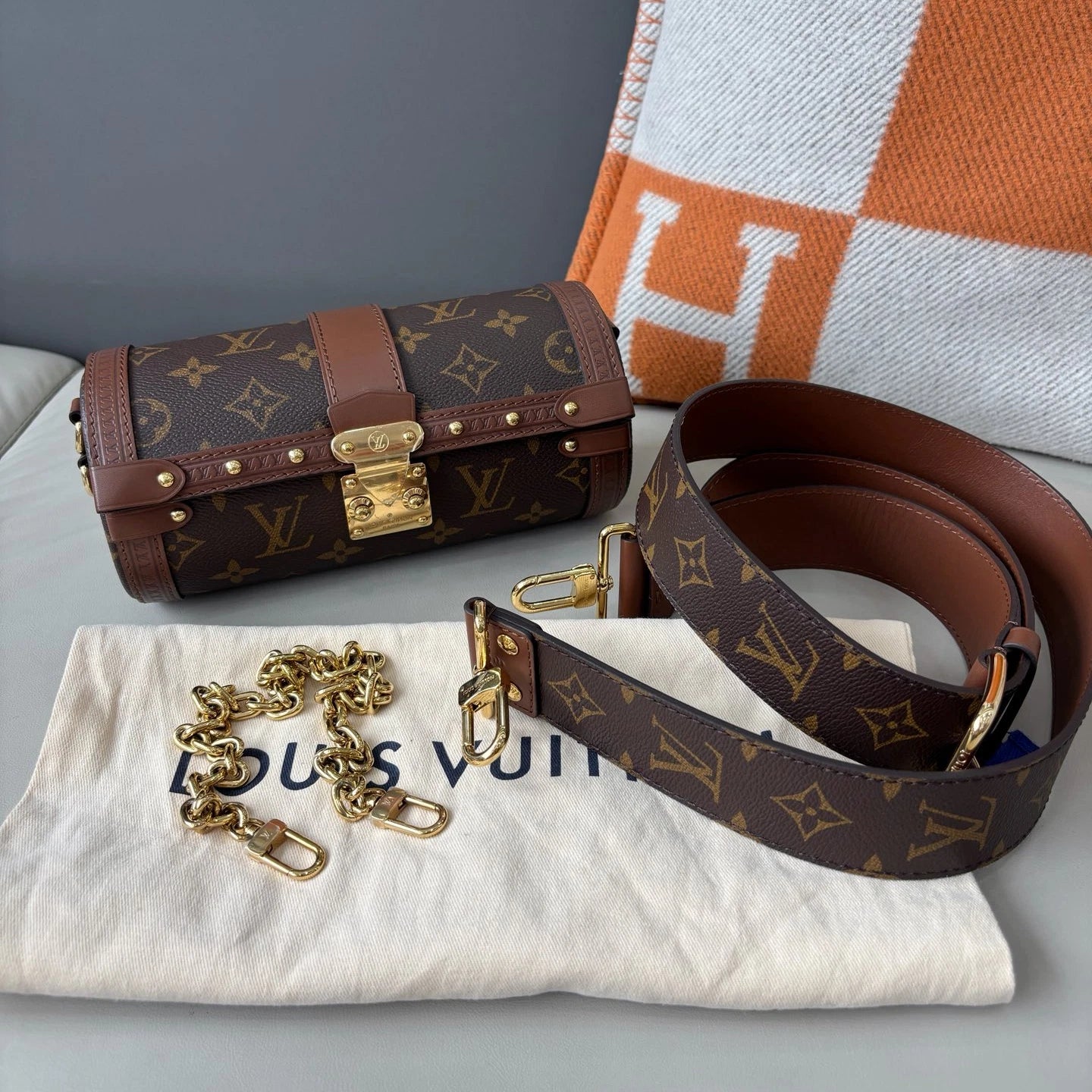 Louis Vuitton Papillon Chain Shoulder Bag Crossbody Brown Gold Women Classic