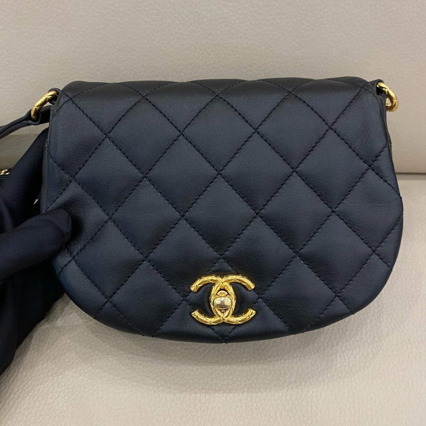 Chanel Saddle Lambskin Black Gold Shoulder Bag Excellent