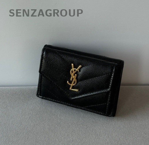 YSL Saint Laurent Caviar Leather Tri-fold Envelope Wallet Clutch Women Black
