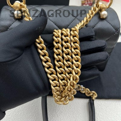 Chanel Classic Flap Black Gold Pearl Chain Shoulder Bag Quilted Women Fashion