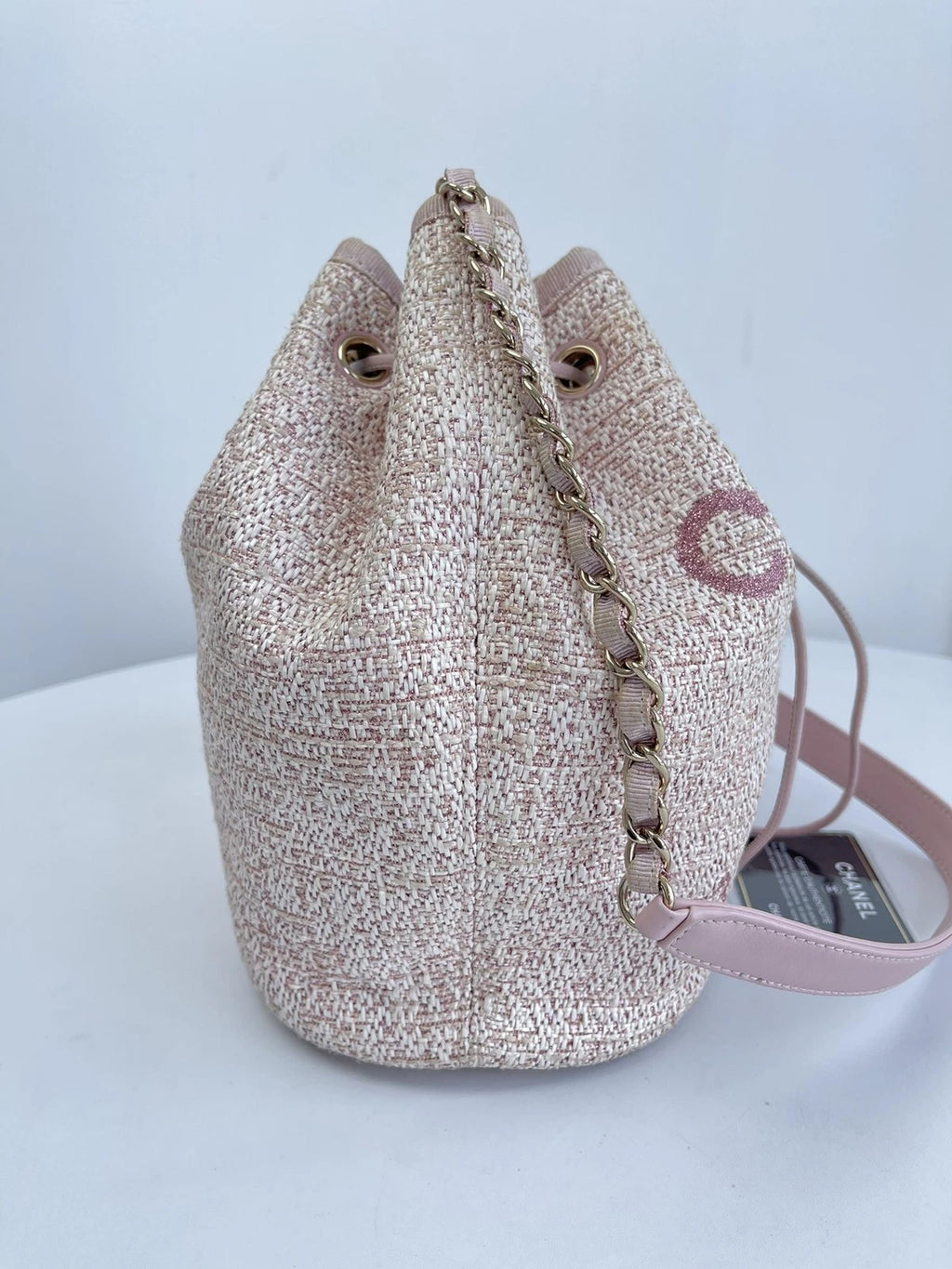 CHANEL Deauville Beach Bag Pink Drawstring Bucket Chain Shoulder Bag Crossbody