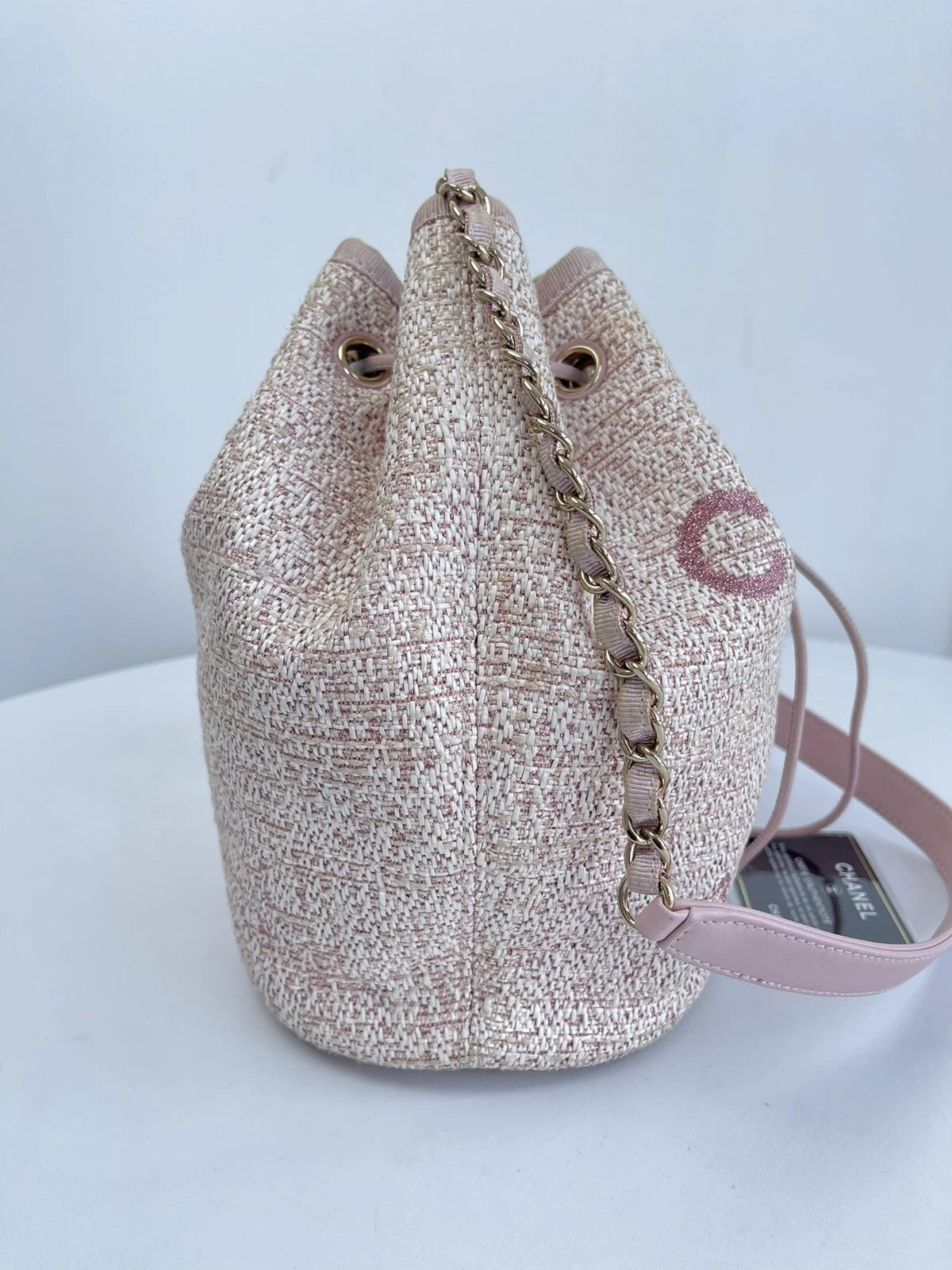 CHANEL Deauville Beach Bag Pink Drawstring Bucket Chain Shoulder Bag Crossbody