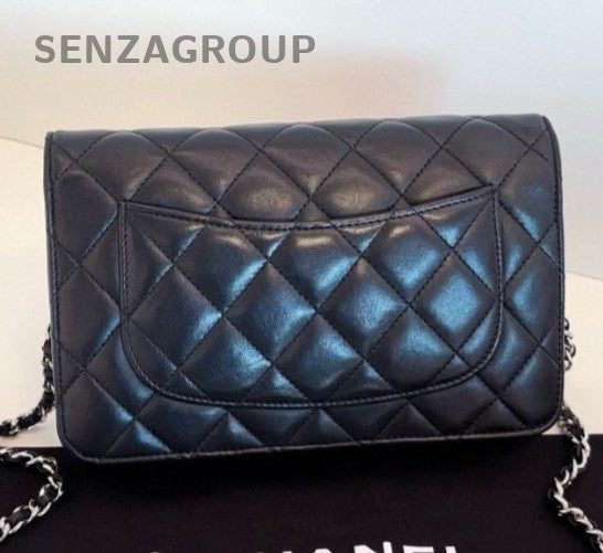 Chanel WOC Chain Lambskin Diamond Shoulder Bag Black Silver Used Women Classic