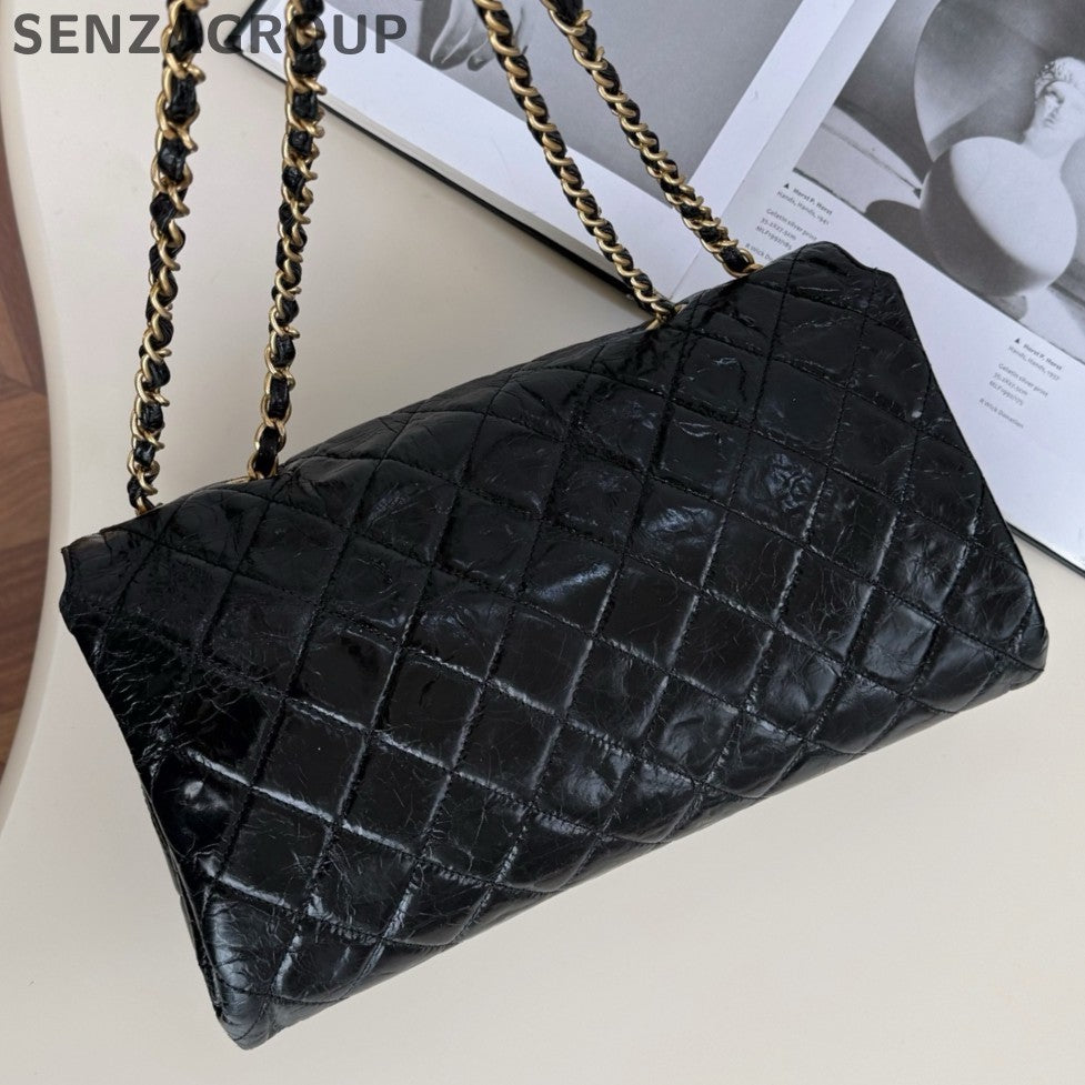 Chanel Classic Flap Chain Shoulder Bag Black Gold Women Fashion Diamond