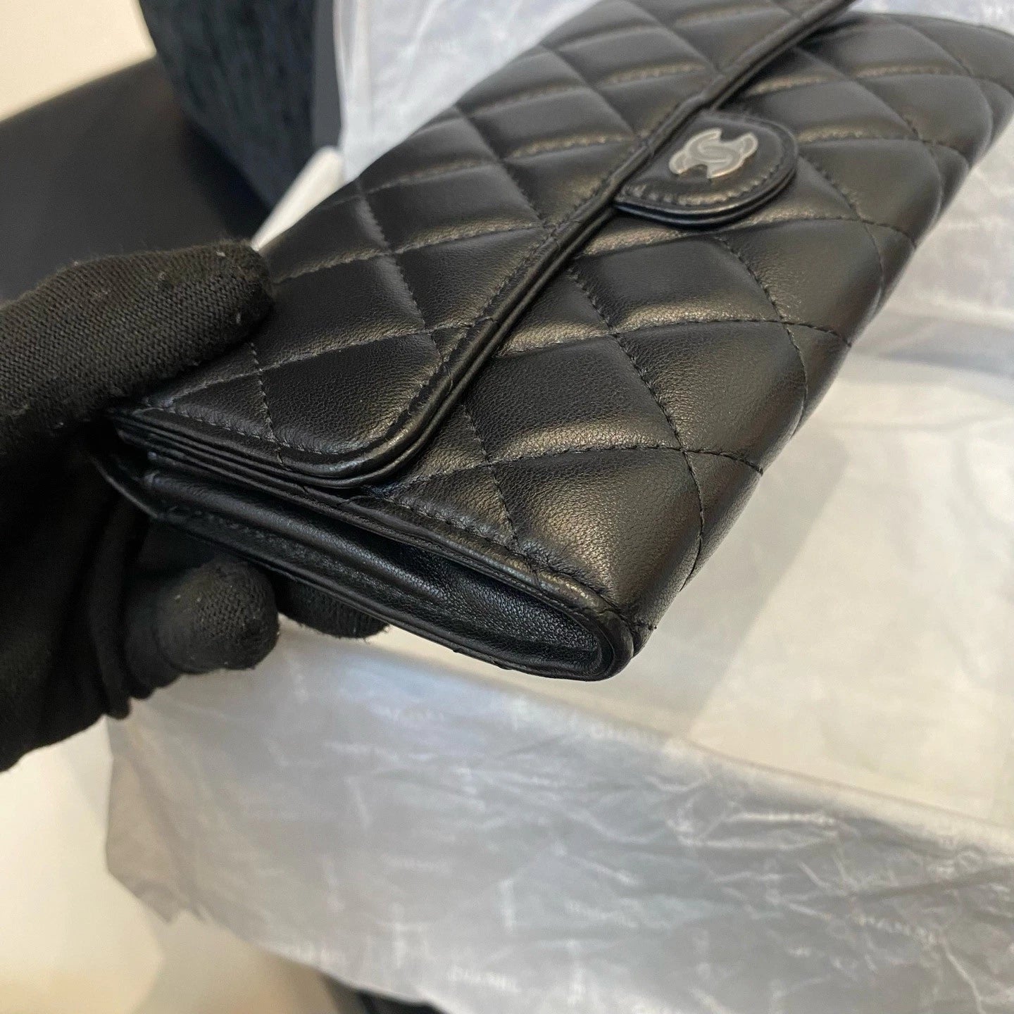 Chanel Classic Flap Lambskin Wallet Black Silver Used Women Diamond Classic