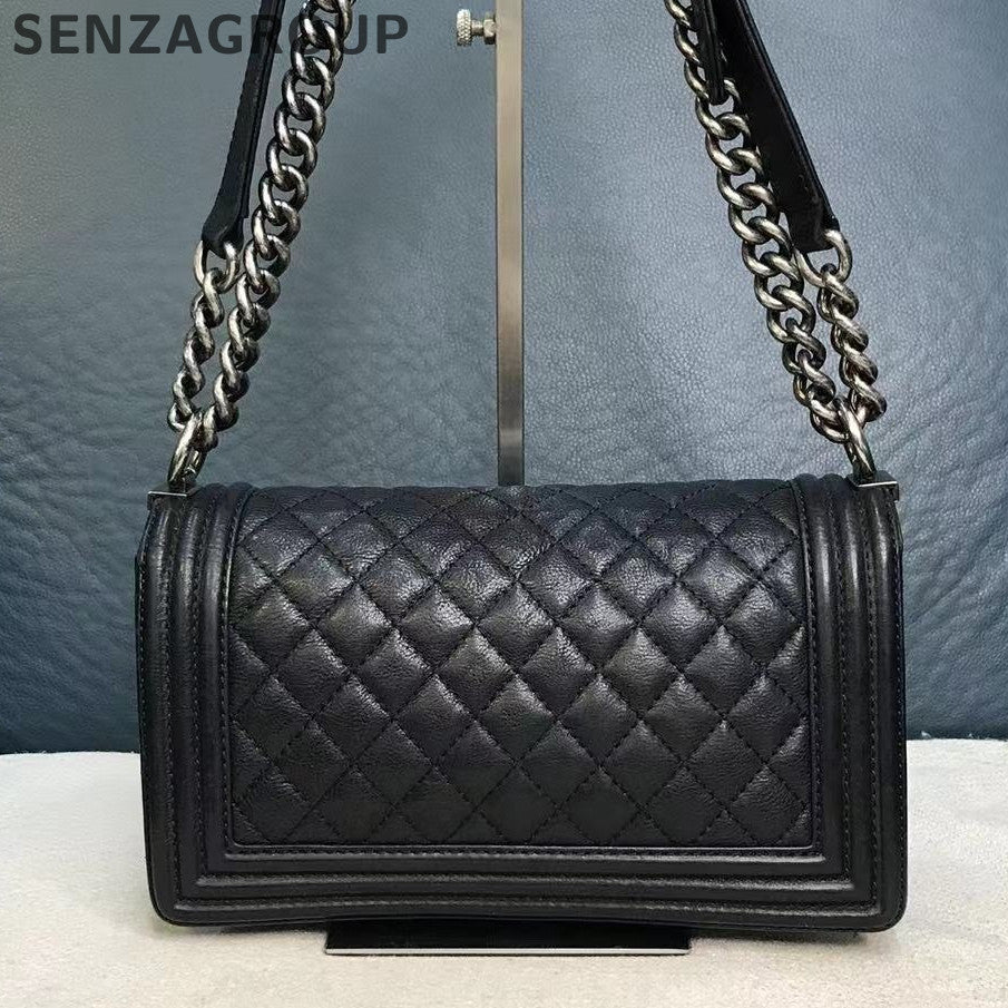 Chanel Medium Calfskin Boy Bag Black Silver Chain Shoulder Bag