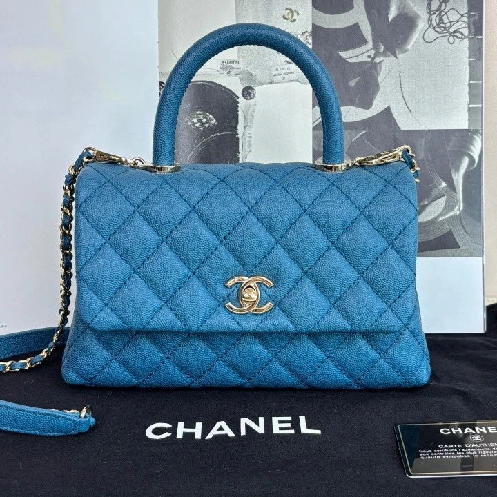 Authentic CHANEL Denim Blue Coco Handle Small Top Handle Bag For Women