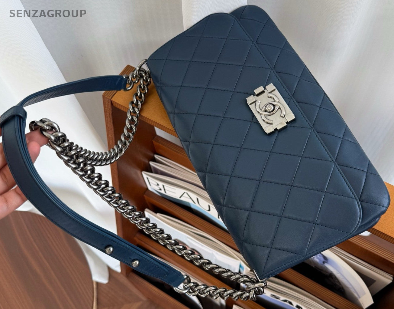 CHANEL Leboy Calfskin Chain Shoulder bag Crossbody Women Blue Silver